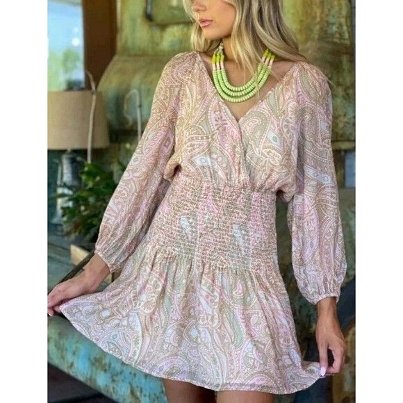 MINKPINK Sz M Catalina Mini Dress. Multicolor Pink Paisley Smocked Waist NWT - Picture 16 of 16